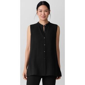 Eileen Fisher Silk Mandarin Collar Tunic Shirt XL Black Georgette Crepe Luxury